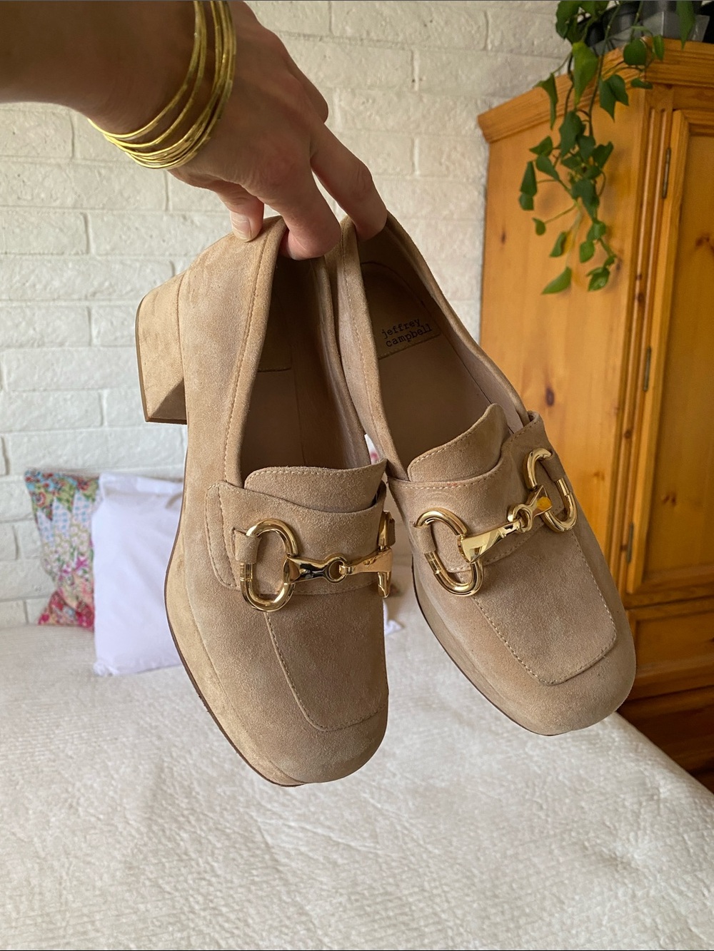 🌼 Jeffery Campbell Beige Suede Block Heel Loafers with Gold Bit Hardware